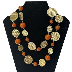 RJ Graziano Orange Beaded and Gold Tone Medallion Necklace